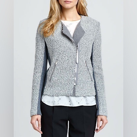 Rebecca Taylor Grey Tweed Knit Moto Zip Jacket